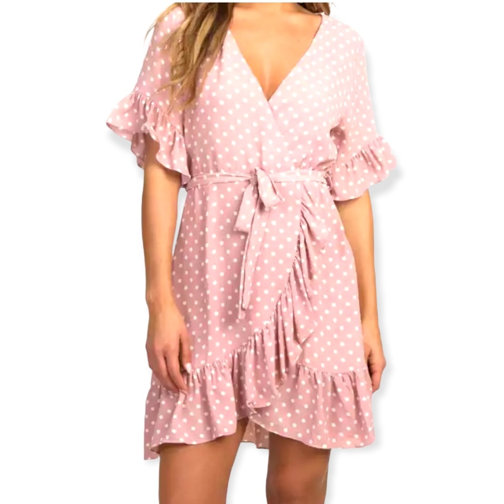Pink polka dot chiffon dress with adjustable waist tie